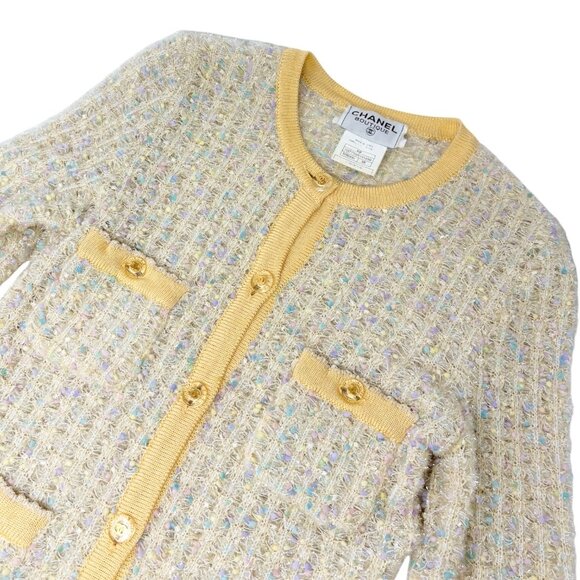 CHANEL Vintage 97P CC Mark Logo Tweed Cardigan #38 Sweater Yellow Nylon [106368] - Picture 5 of 13